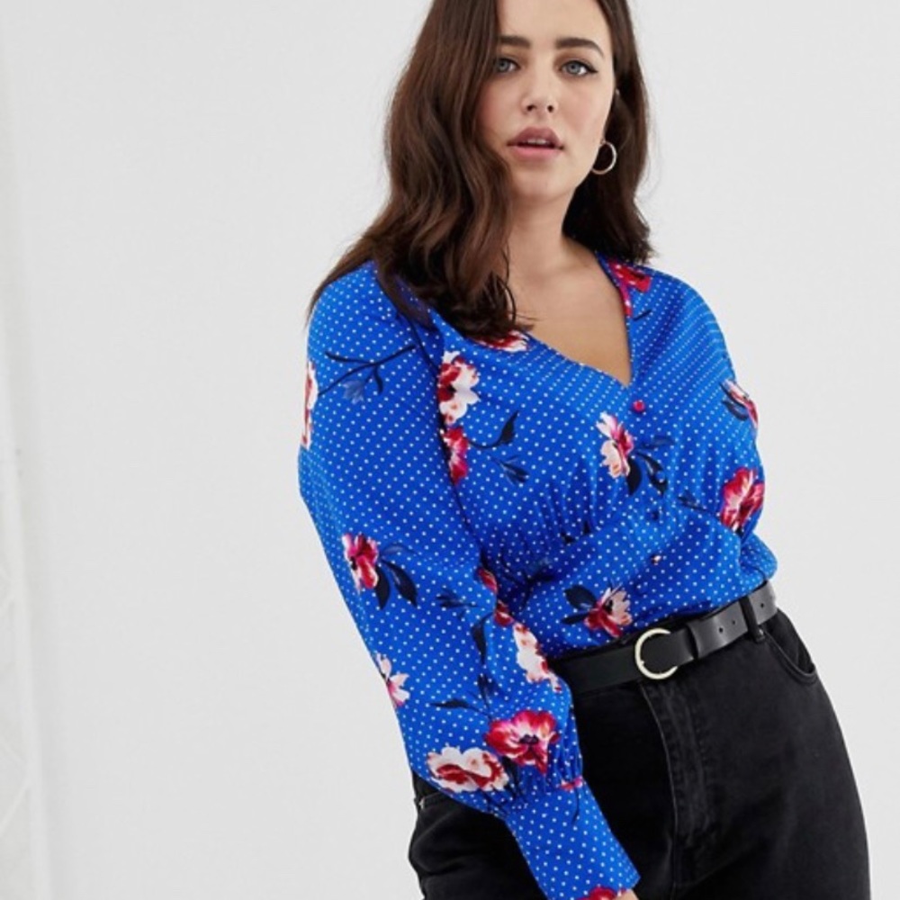 button down bodysuit in floral and polka dot print